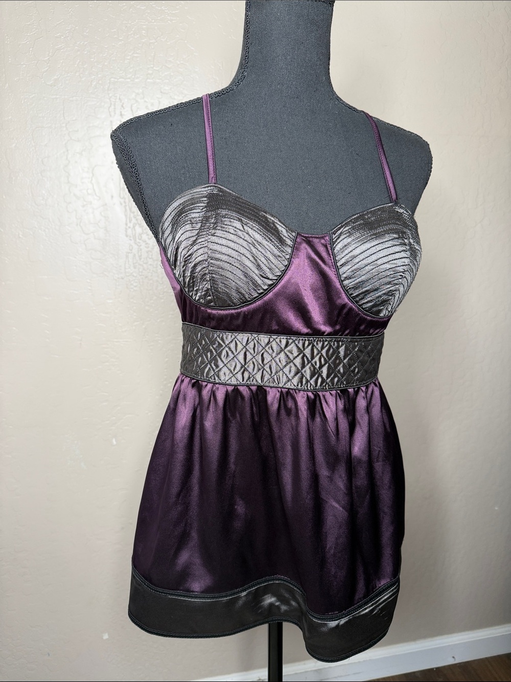 Forever 21 Purple Satin & Gray Lace-Effect Babydoll Chemise